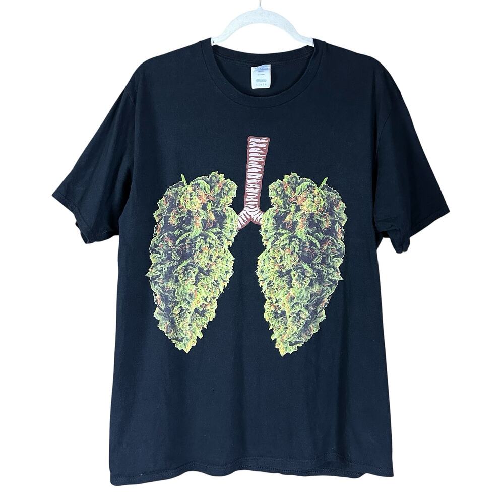 Port & Company Weed Lungs Graphic Tee Size Large Black Cotton Stoner 420 T-Shirt